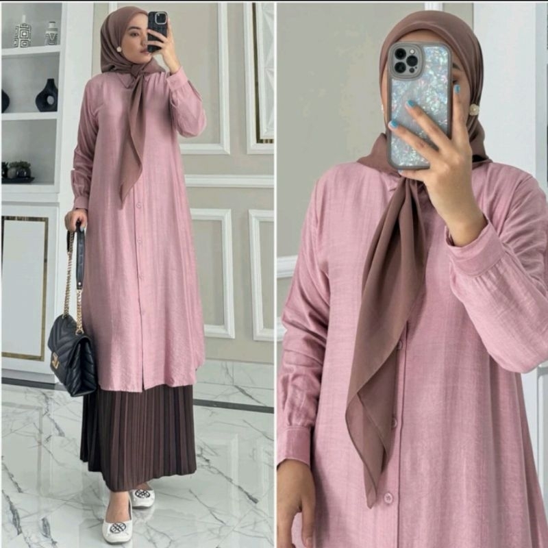 PROMO atasan tunik polos wanita full kancing depan semi gamis wanita tunik suxexo terbaru