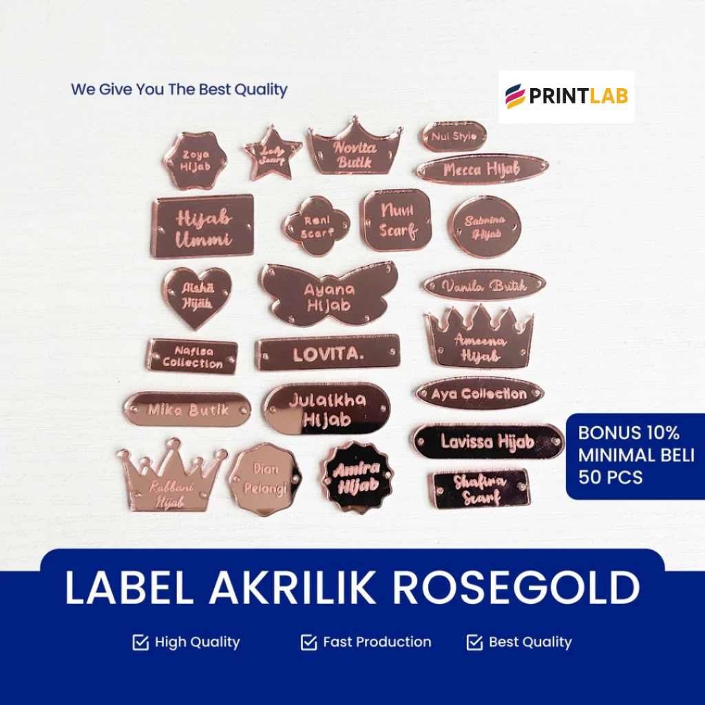 

Print Lab Label Akrilik Rebranding Hijab Warna Rosegold / Baju / Gamis / Label Baju Acrylic / Label Jilbab Rose Gold
