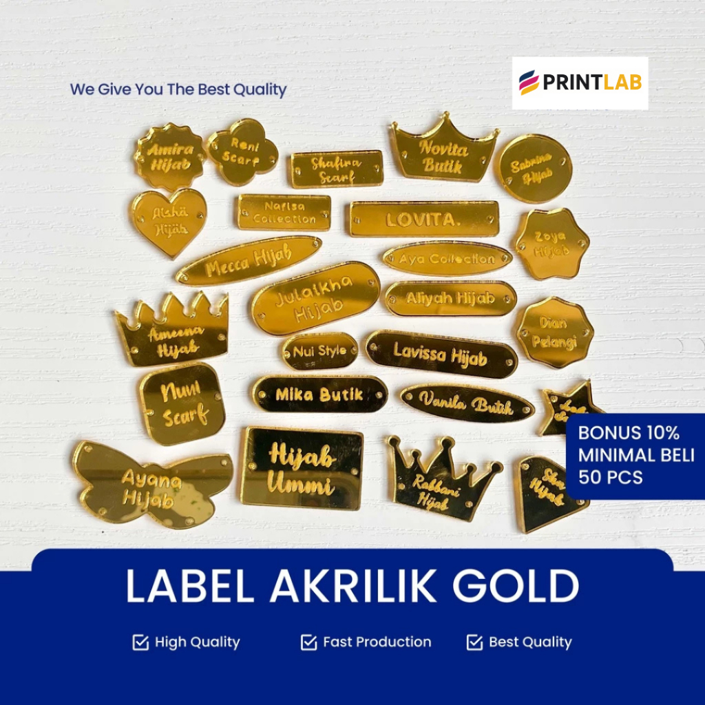 

Print Lab [TERMURAH] Label Akrilik Gold Rebranding Hijab Warna Gold / Baju / Gamis / Label Baju Acrylic / Label Jilbab Gold