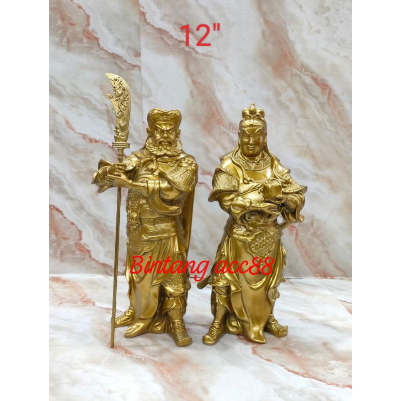 patung dewa pengawal dewa kwan kung / kwan kong / guan yu - kuningan - 12inch