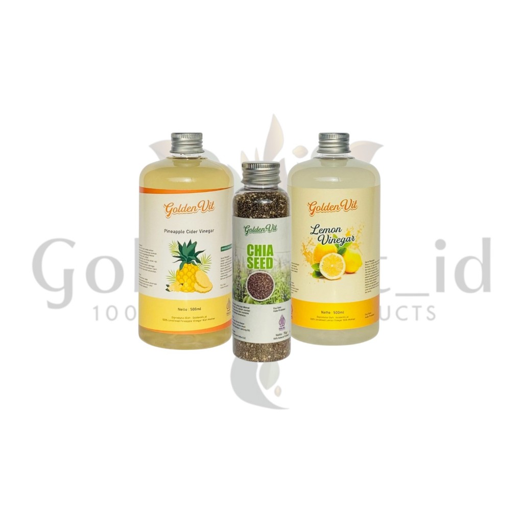 

Goldenvit Paket Hemat 3in1 + Free Gelas Takar Cuka Lemon 500ml , cuka nanas 500ml , Chiaseed 70g
