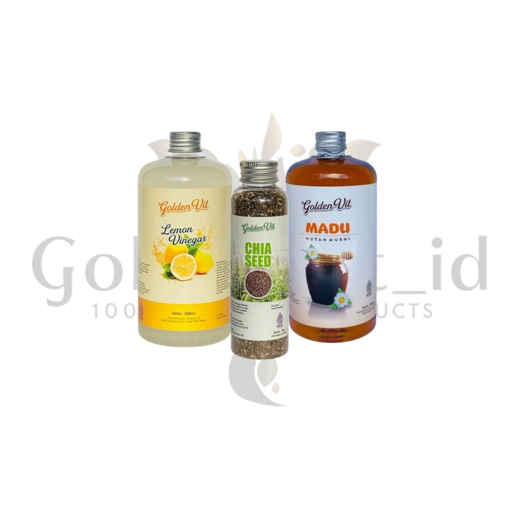 

Goldenvit Paket Hemat 3in1 + Free Gelas Takar Cuka Lemon 500ml , Madu hutan 500ml , Chiaseed 70g