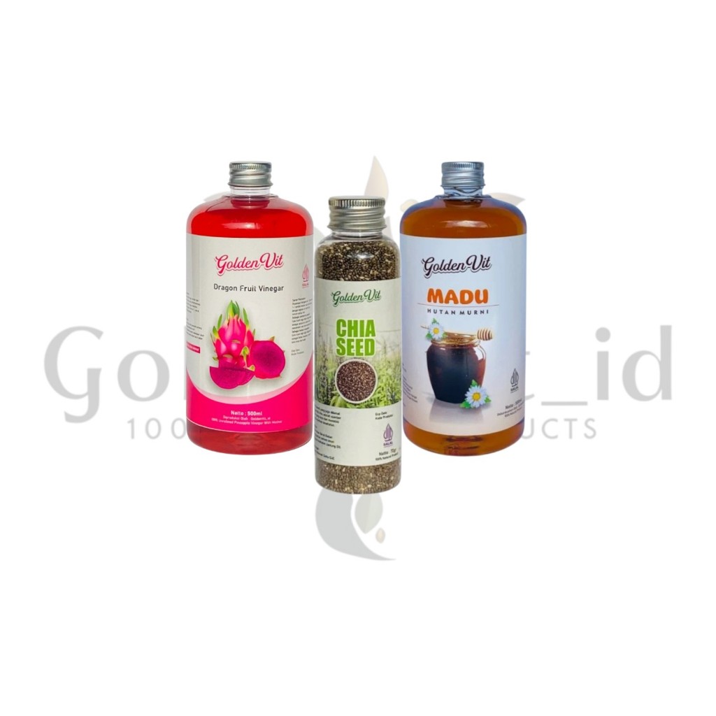 

Goldenvit Paket Hemat 3in1 + Free Gelas Takar Cuka Naga 500ml , Madu Hutan 500ml , Chiaseed 70g