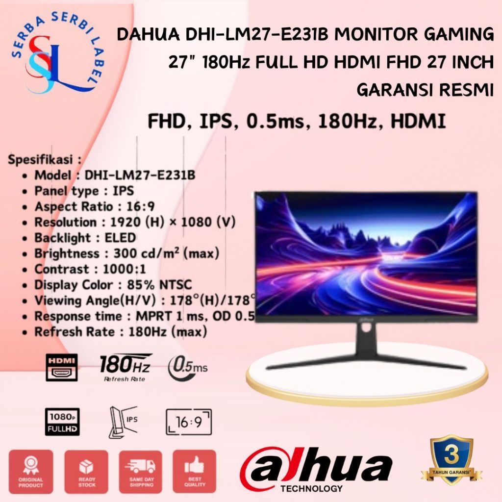 DAHUA DHI-LM27-E231B MONITOR GAMING 27" 180Hz FULL HD HDMI FHD 27 INCH