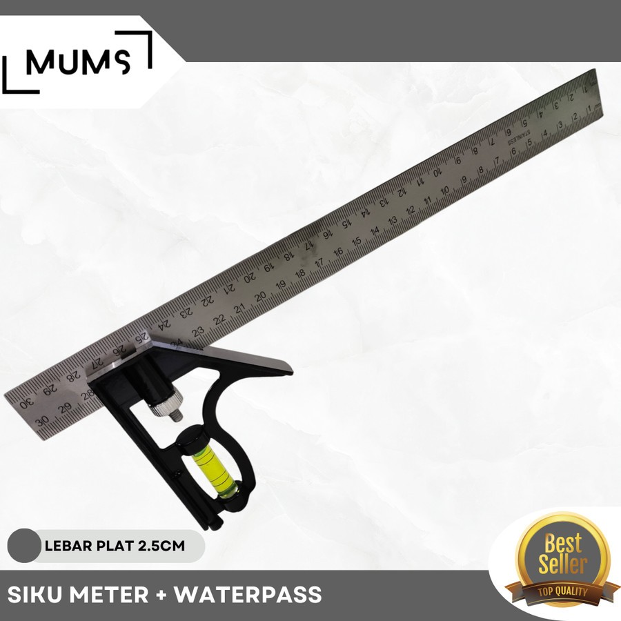 Siku Meter Tukang 30cm Penggaris Besi Sudut L + Waterpass HB8