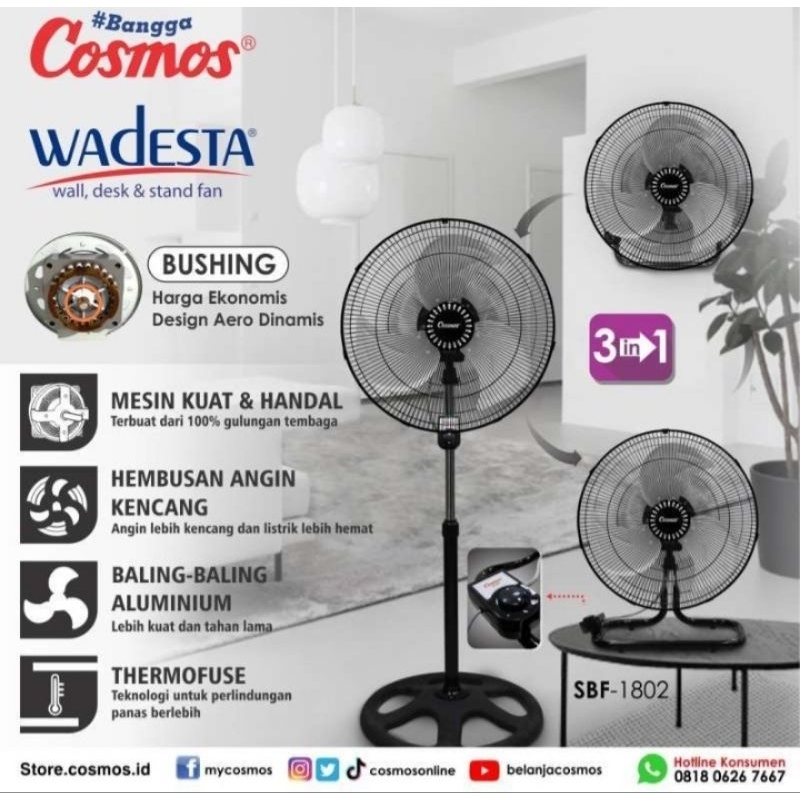 Kipas Angin 3IN1 COSMOS 16" inchi SBF-1802 / Kipas angin Bisa Berdiri,Duduk & Dinding baling besi