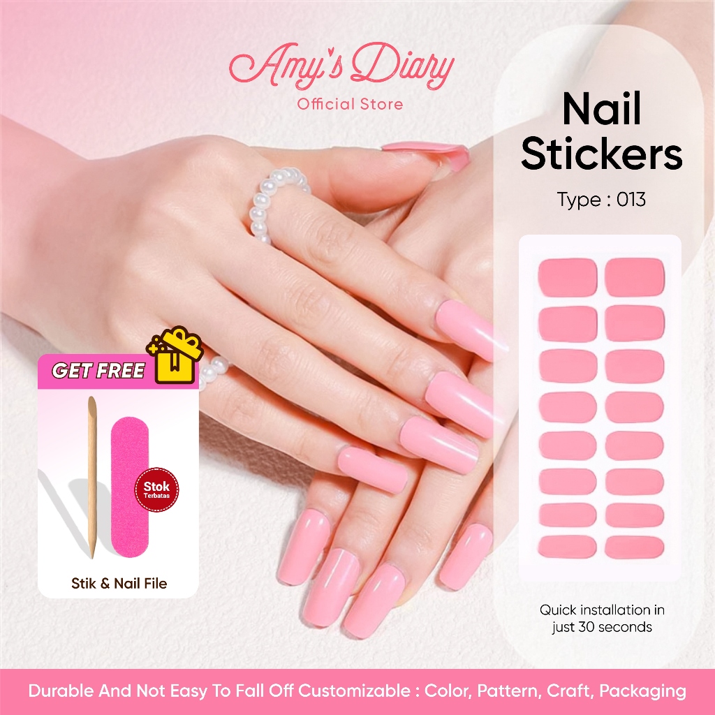 AMY'S DIARY Nail Art Sticker 16Pcs Motif Polos Full Cover Tanpa UV Lamp Murah Premium Tahan Lama Fre