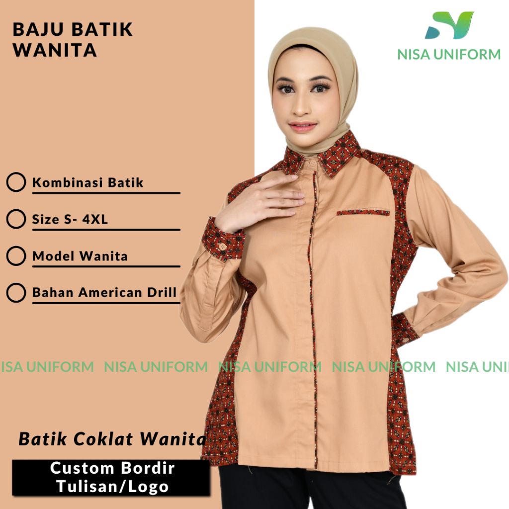 Baju kerja perempuan/baju kantor custom bordir/seragam karyawan kombinasi batik/kemeja wanita batik
