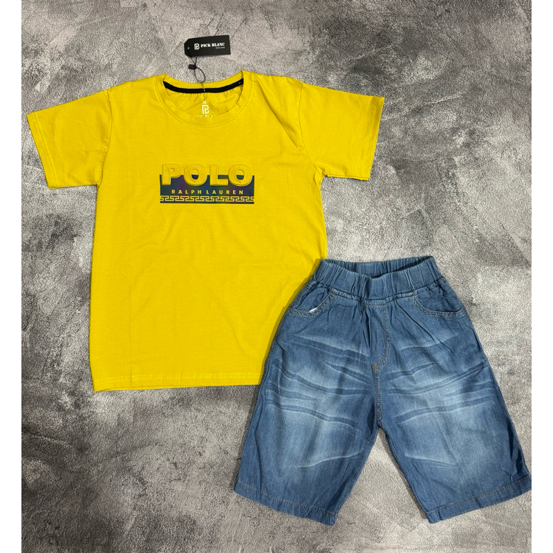 (atasan anak umur 10-13 tahun) setelan anak laki-laki celana soft jeans & baju bahan spandek karet
