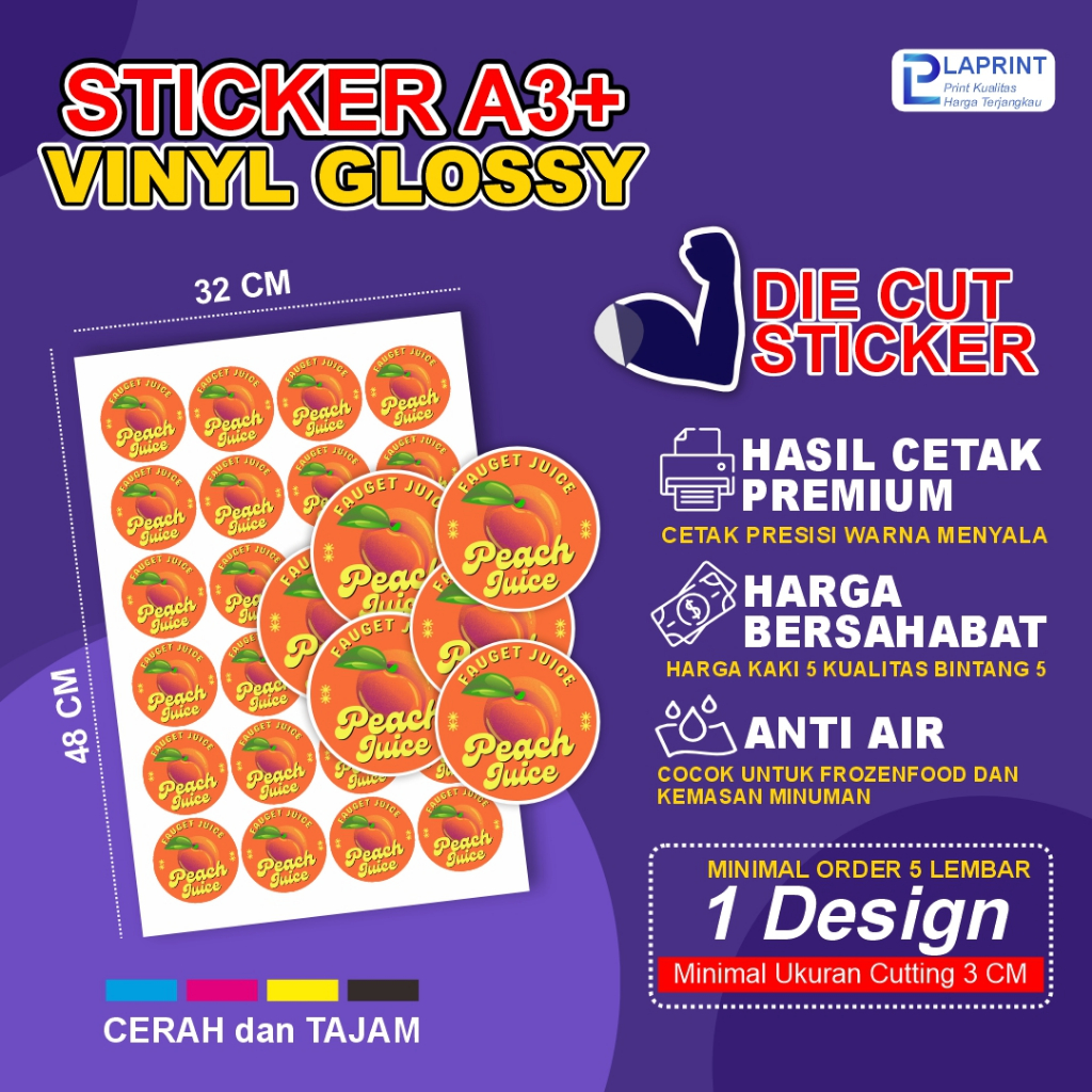 

Cetak Stiker Vinyl Glossy Die Cut A3+ Custom / Cetak Stiker Cutting Putus / Print Stiker Anti Air