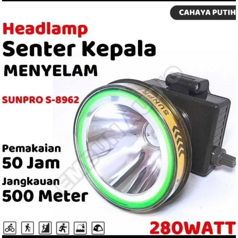 s-8962 senter kepala selam 280watt sunpro cahaya putih tahan 50jam