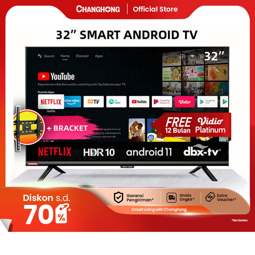 Changhong 32 Inch Newest Android 11 Frameless Smart TV Digital Neflix LED TV-L32G7N-Garansi 3  Resmi