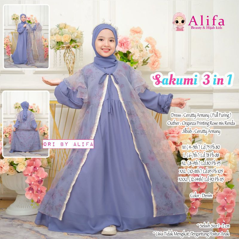 [ Alifa hijab kids fashion ] Sakumi 3in1 Set Gamis Anak Free Hijab By Alifa Kids