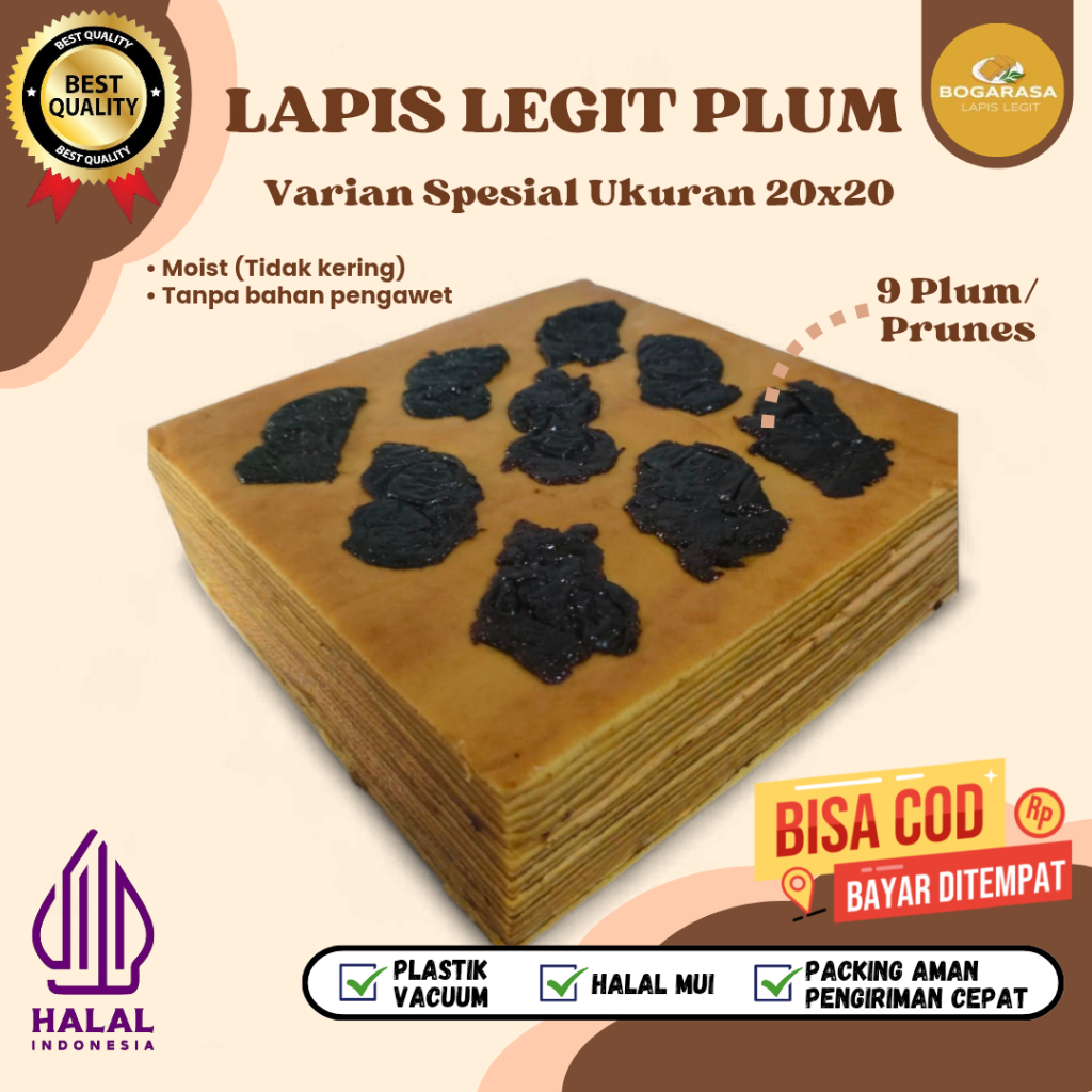 

Lapis Legit Plum/Prunes Lapis Legit Wisman Premium Bolu Legit Varian Spesial 9 Plam ukuran 20x20