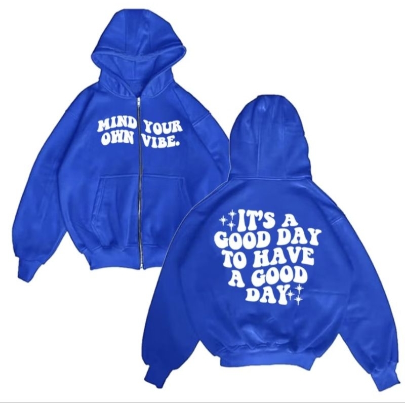 Zipper Hoodie Boxy Biru Elektrik Tebal Free Gift