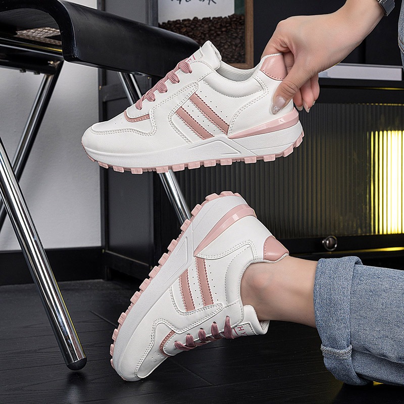 HYKEI Aye Sepatu sneakers wanita sepatu jalan harian motif garis Grey dan pink