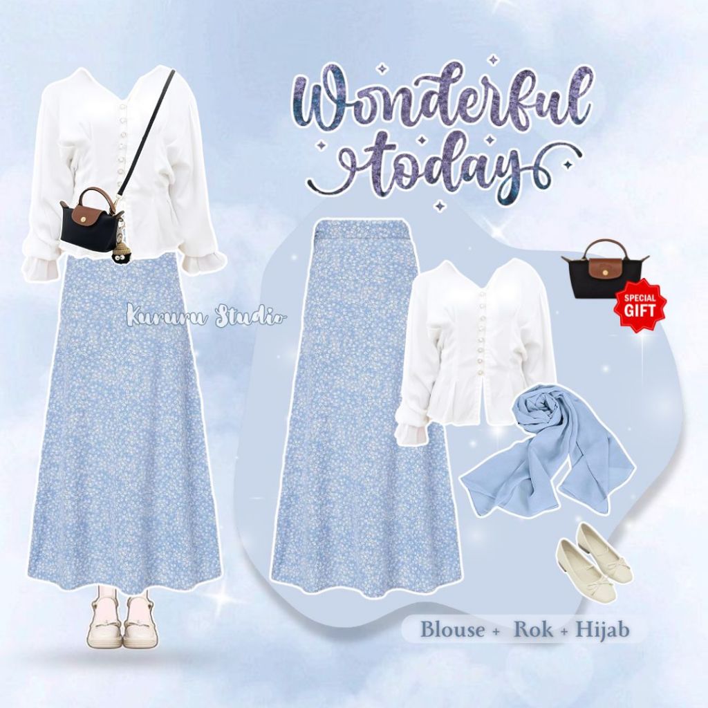 OOTD One Set Feminim Style Cewe Hijab Free Tas (Blouse, Rok Bunga, Hijab, FREE TAS) 3 In 1 Anti Ribe