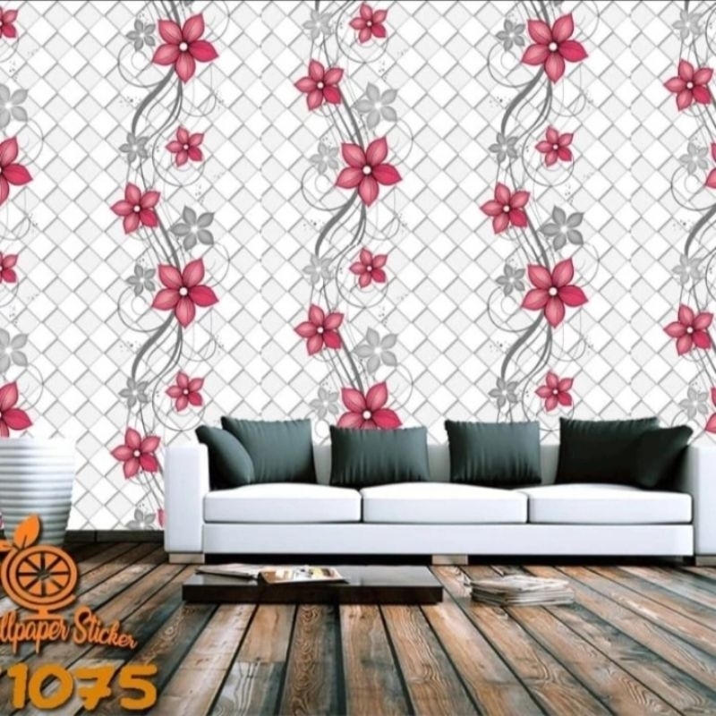 WALLPAPER DINDING MURAH CY1075 MOTIF BATIK ABU BUNGA PINK L-45cm WALL STICKER