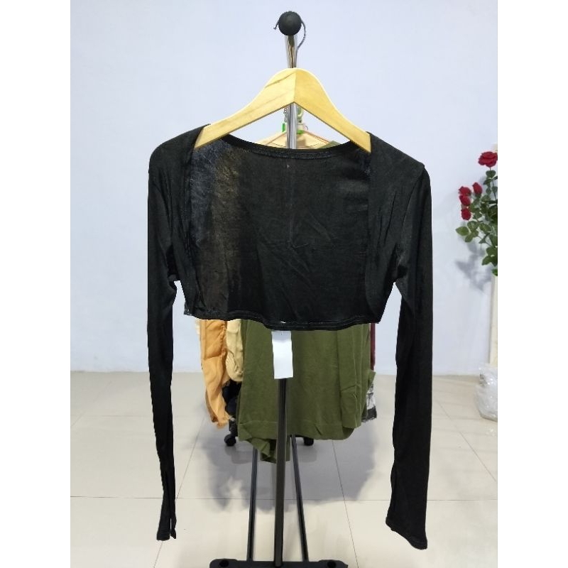 Crop Top Transparan Lengan Panjang Warna Hitam | Outer Layer Sheer Sexy Look
