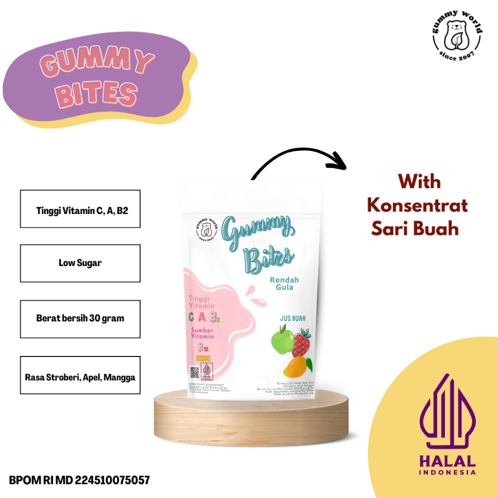 

Gummy Bites Jus Buah (Stroberi, Apel, Mangga)