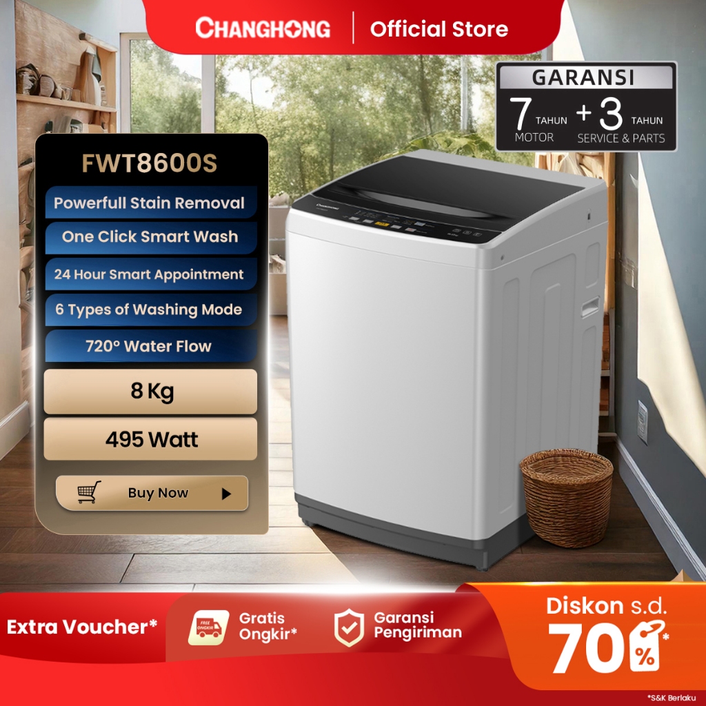 Changhong Mesin Cuci 1 Tabung Top Loading 8Kg Washing Machine - FWT8600S Powerful Stain Removal  One