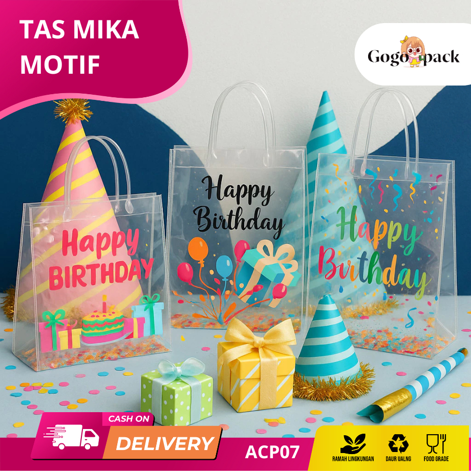 

Tas Mika Motif Ulang Tahun Anak Goodiebag Hampers Tas Mika PVC Bening Transparan Custom Pernikahan Bridesmaid Bag ACP07