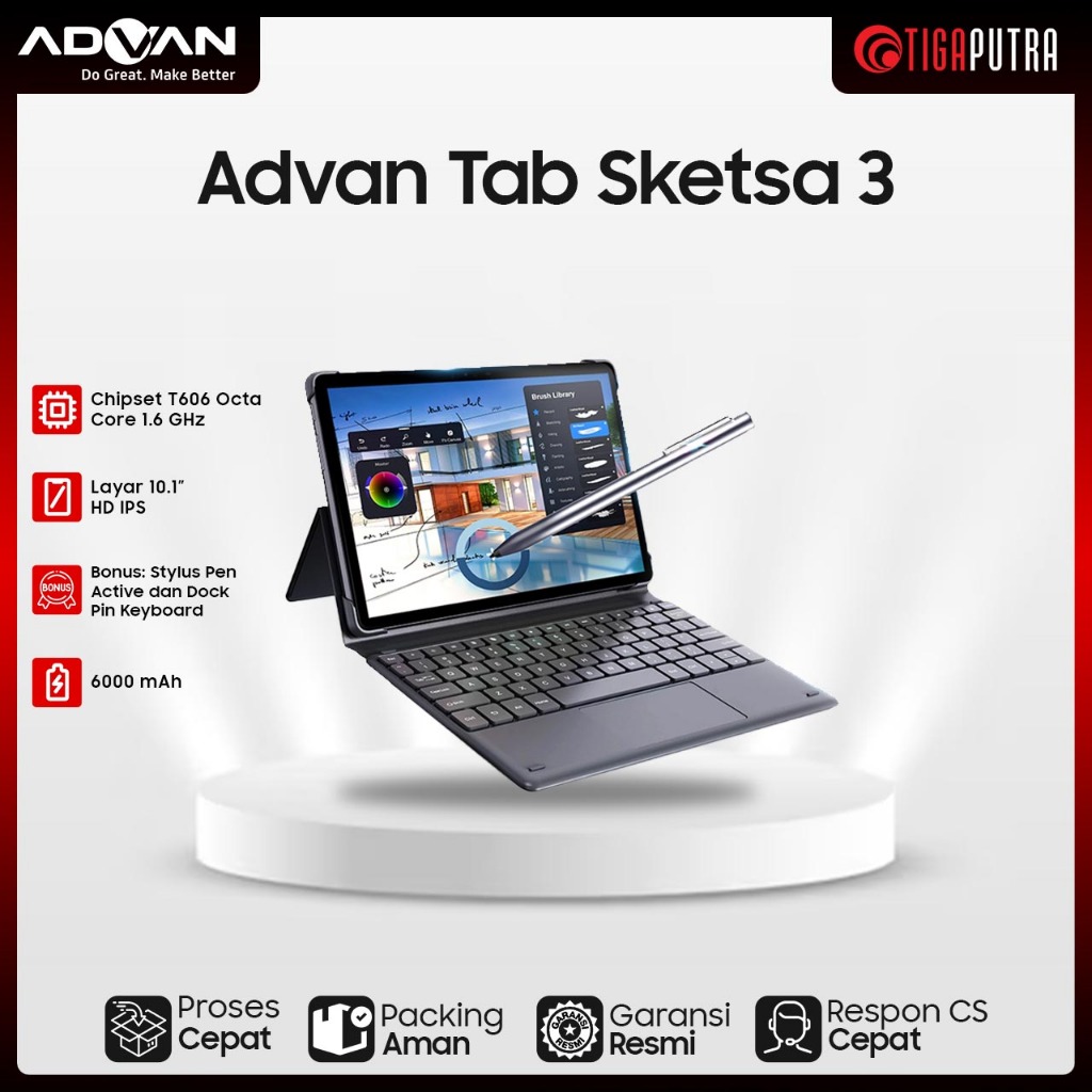 Advan Sketsa 3 Tablet 10.1” (RAM 8GB, RAM 128GB, Free Keyboard + Stylus Pen Android 13 Dual SIM Card
