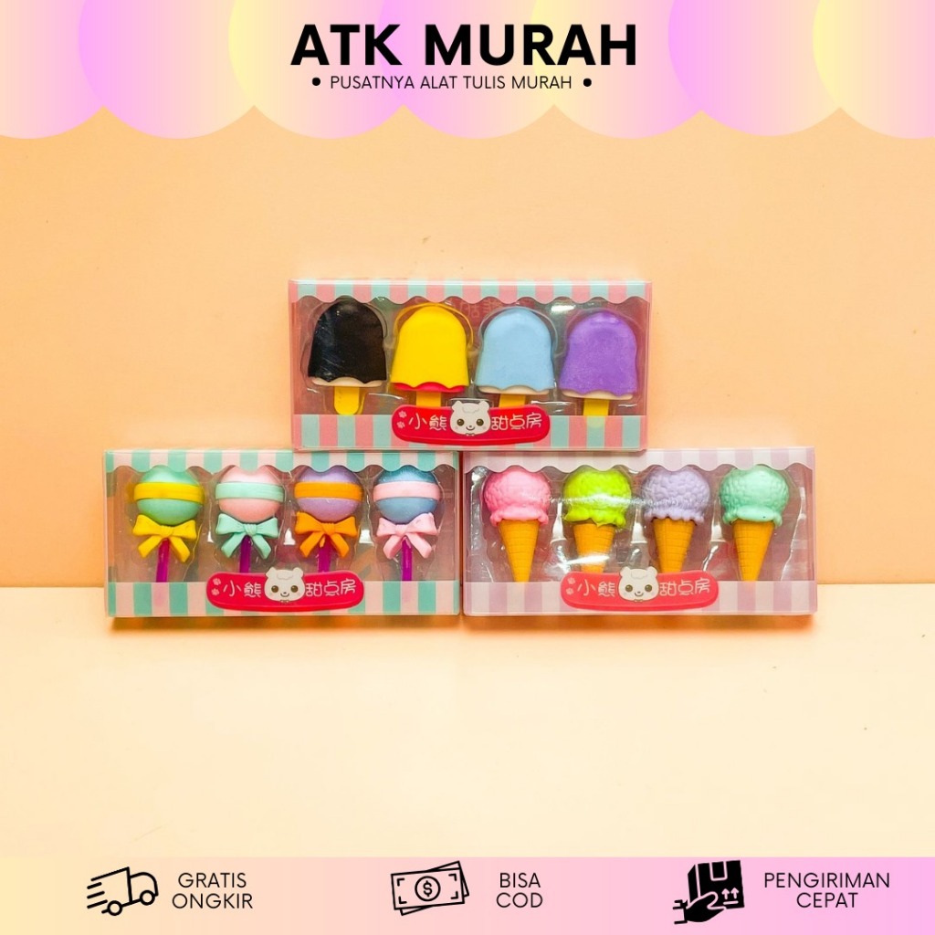 

Penghapus Miniatur Ice Cream 1 set isi 4 pcs ER-1825 / Food eraser Food replica / Replika makanan penghapus eskrim ice cream / ide hampers unik kado lucu
