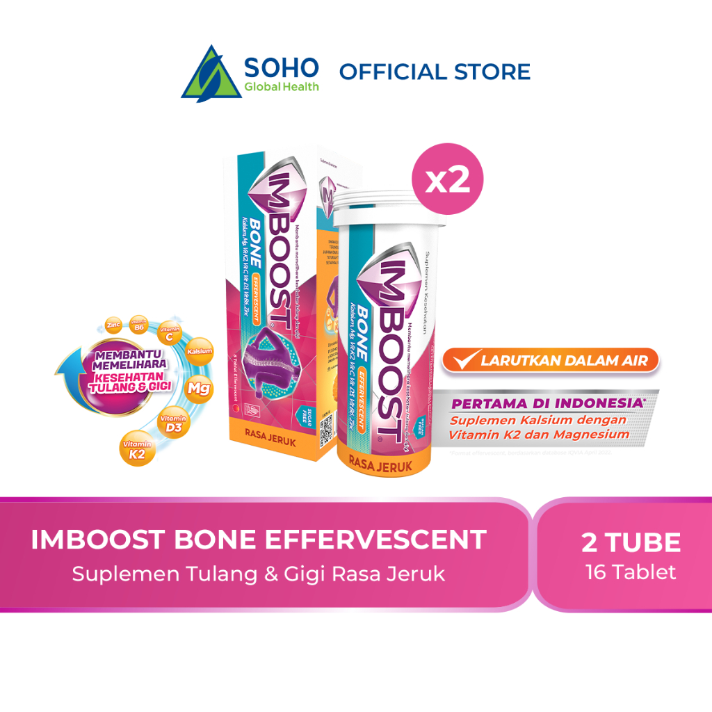 Imboost Bone Effervescent Suplemen Tulang dan Gigi Rasa Jeruk @8 Tablet Paket Isi 2