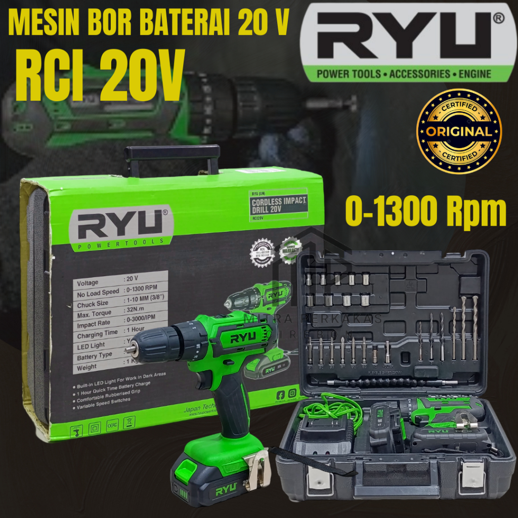 Bor Baterai RYU 20V Impact Drill Baterai Cordless 20 volt RCI 20V Mesin Bor Batre Tangan Bor Tembok 