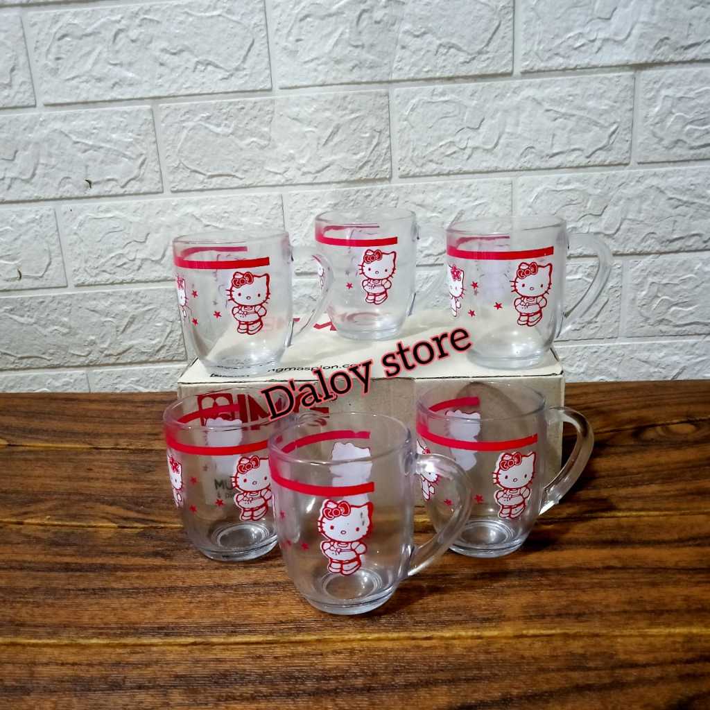 6 Pcs Gelas Kopi Beling Motif Hello Kitty/Gelas Kopi Kaca Gagang Karakter