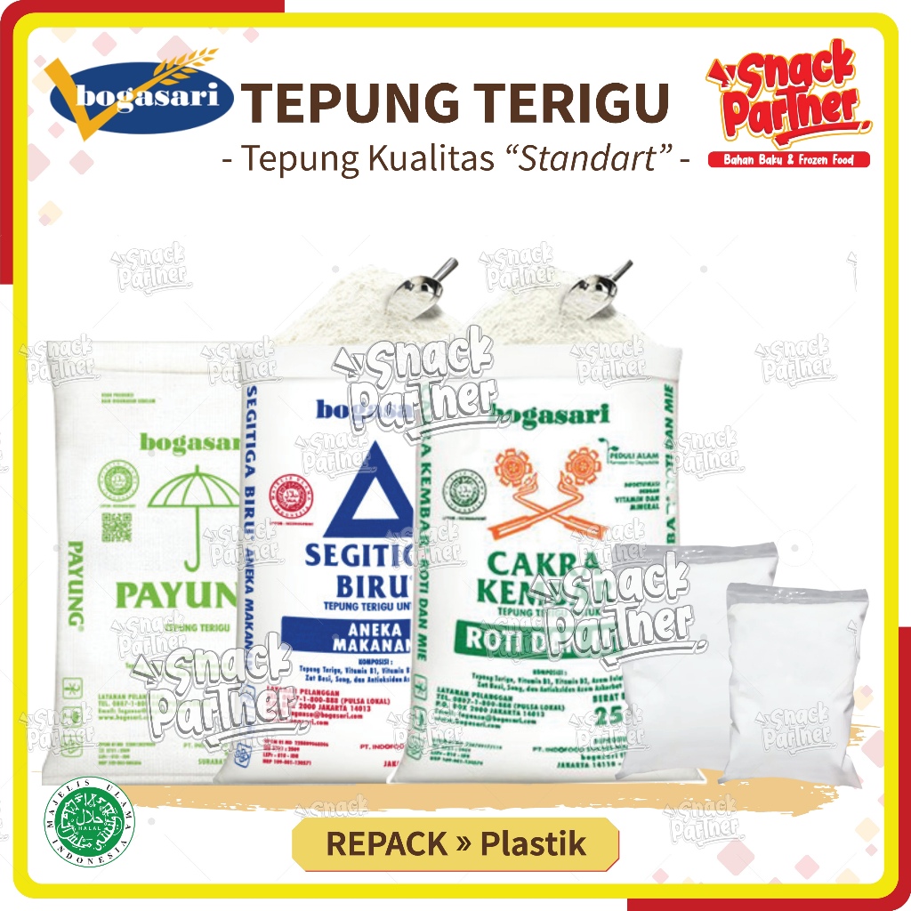 

BOGASARI TEPUNG TERIGU - REPACK 250 / 500 GR / 1 KG - Segitiga Biru Cakra Kembar Protein Sedang Tinggi Standart 250GR 500GR 1KG
