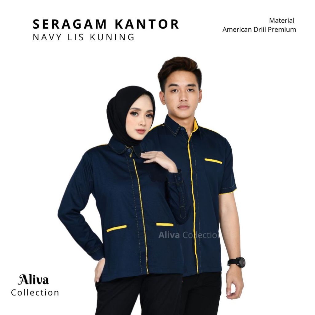 Seragam Kerja Kemeja Karyawan Navy List Kuning Pria Dan Wanita