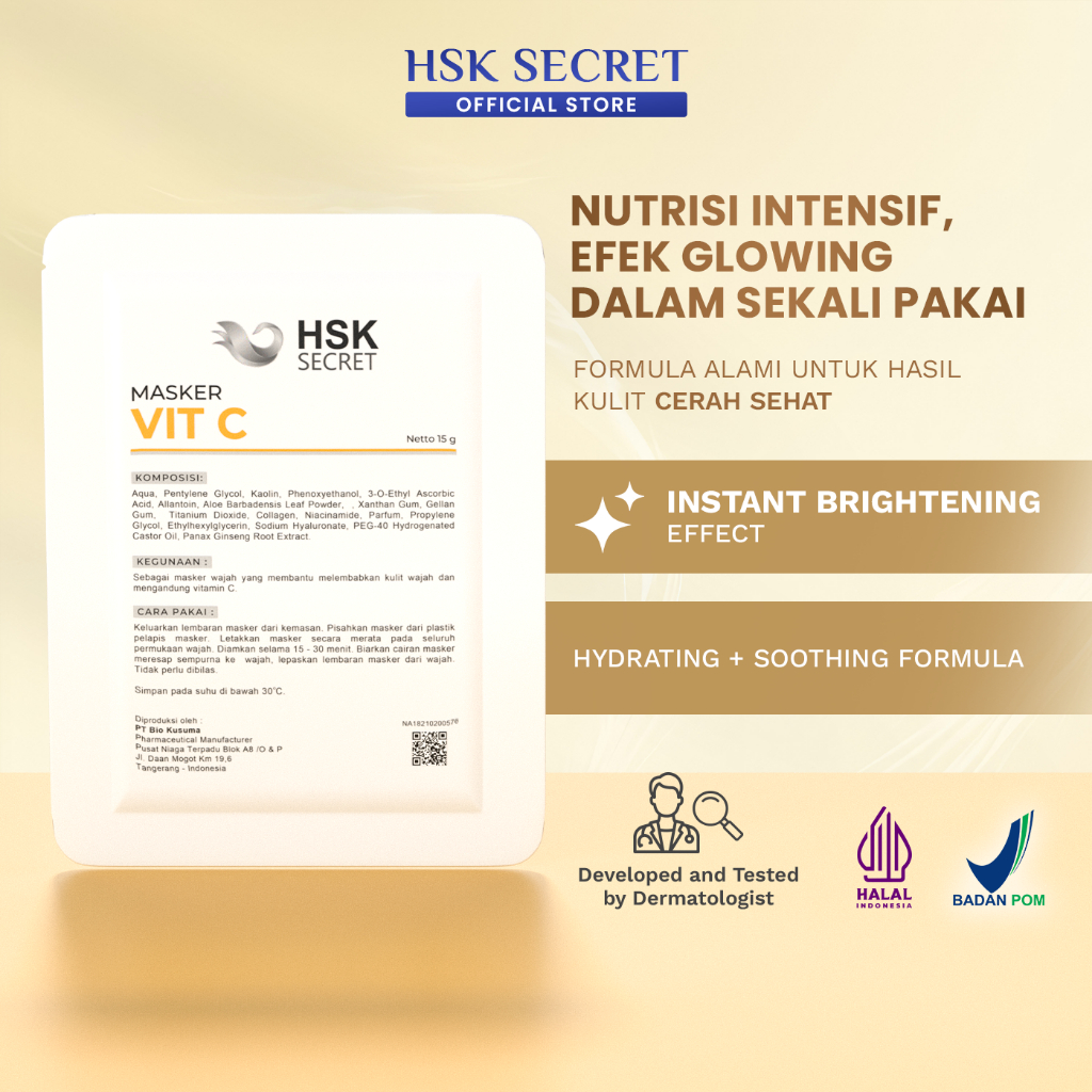 HSK Secret Vit C Mask | Mencerahkan & Menghaluskan Kulit Wajah | Collagen, Ginseng Root, & Vitamin C