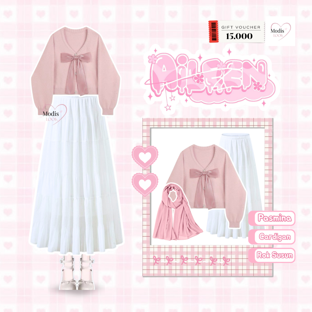 Aile Set Rok Korean Style (Pasmina + Cardigan Korean + Rok Susun) Korean Style Hijab - ML01