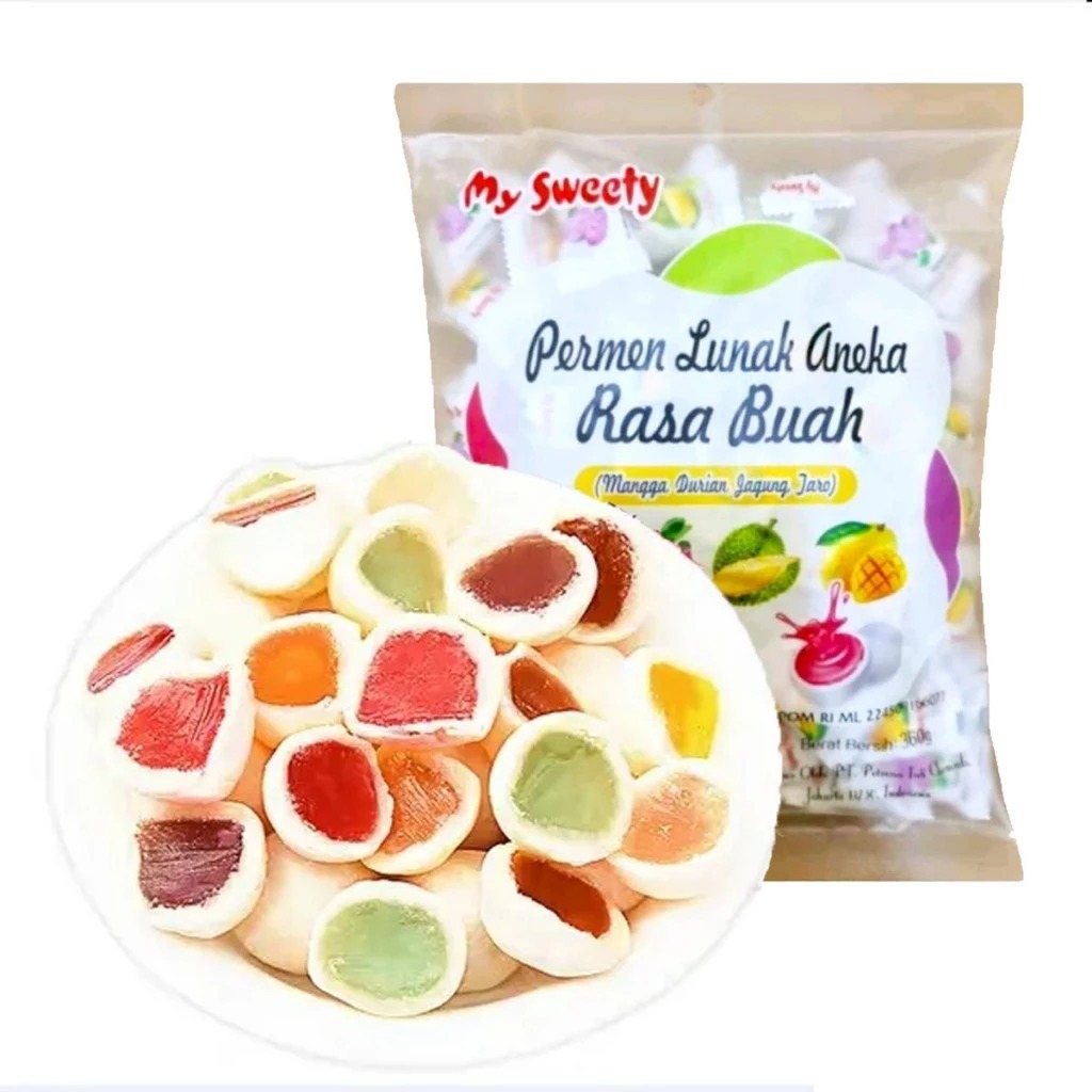 

MY SWEETY Permen Lunak Aneka Buah Rasa Durian Mangga Jagung Taro Candy Bonbon 360gr Isi 100pcs Halal