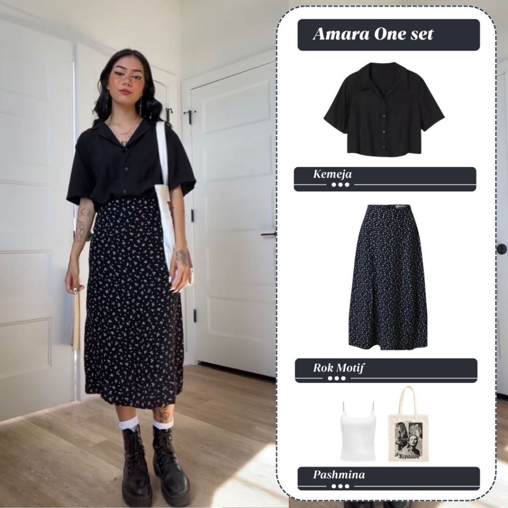 Amara One Set Wanita Edgy Style Kemeja Crop Rok Motif Tangtop Totebag Kampus Ootd Casual Outfit
