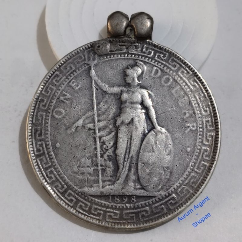 LT.11-- 1 PC LIONTIN ANTIK KOIN KUNO PERAK ASLI ONE DOLLAR BRITISH TRADE DOLLAR TH 1898. -- PENDANT 