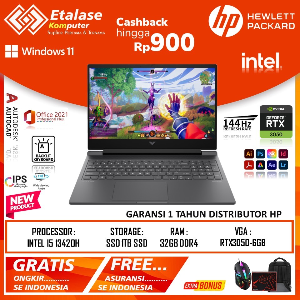 Laptop Gaming Murah HP Victus 15 Intel I5 13420H RTX3050-6GB 32GB 1TB FHD Ips 144HZ Win11home Terlar