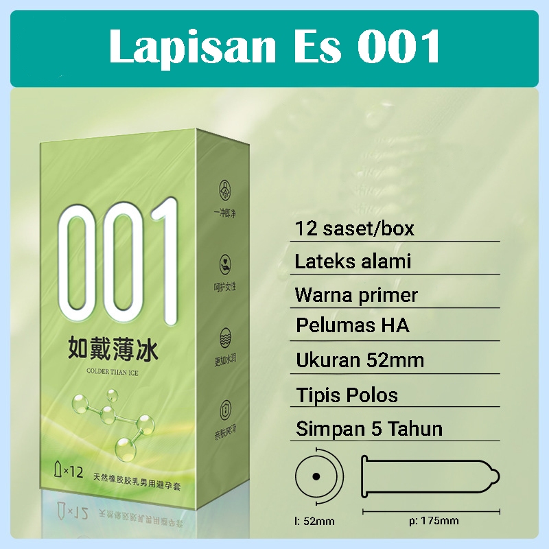 Kondom Midori Hijau 001 Lapisan Es - Ukuran Besar L 52mm - Fitur Tipis Polos 1 Box isi 12