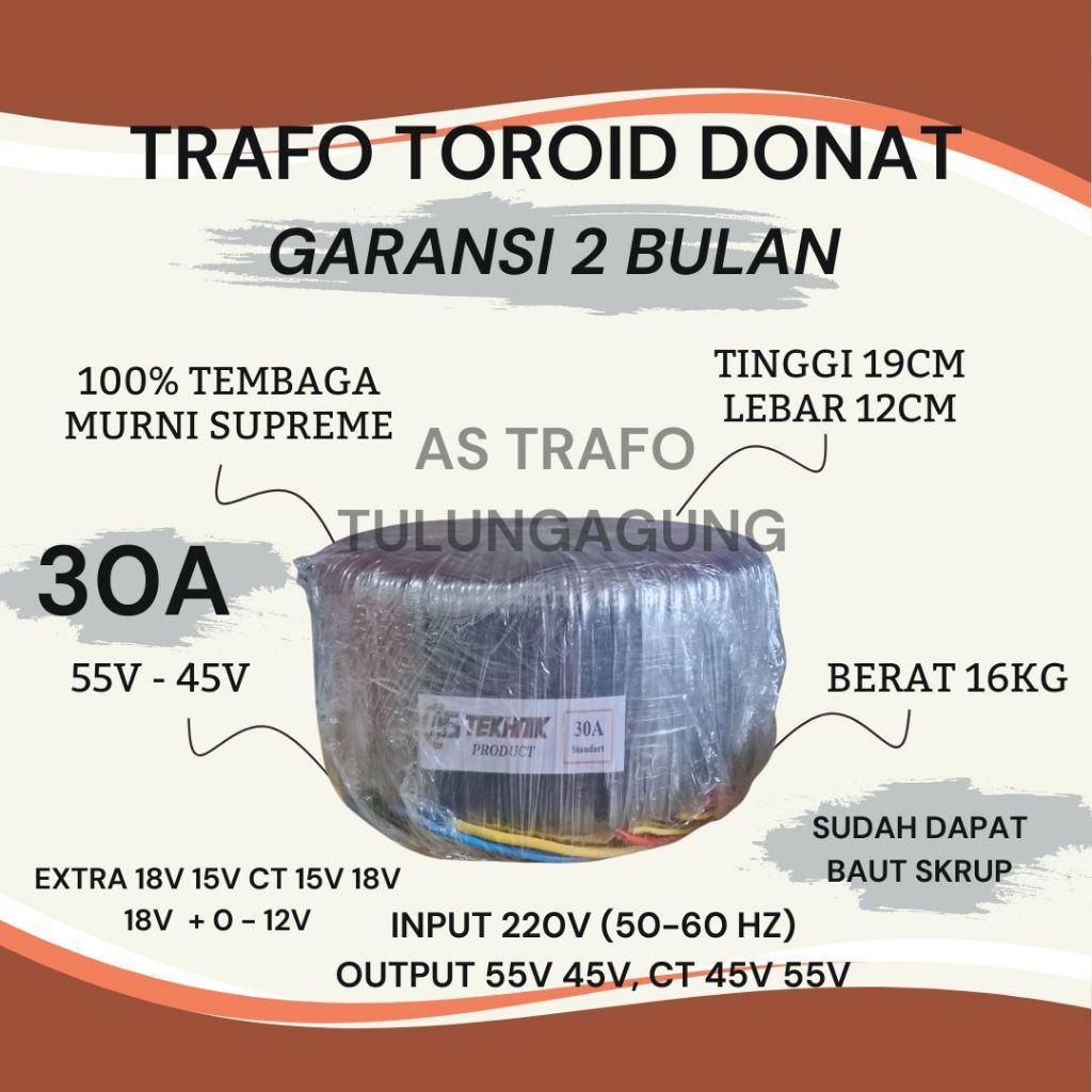 trafo toroid donat 30a ct 55c 45v murni