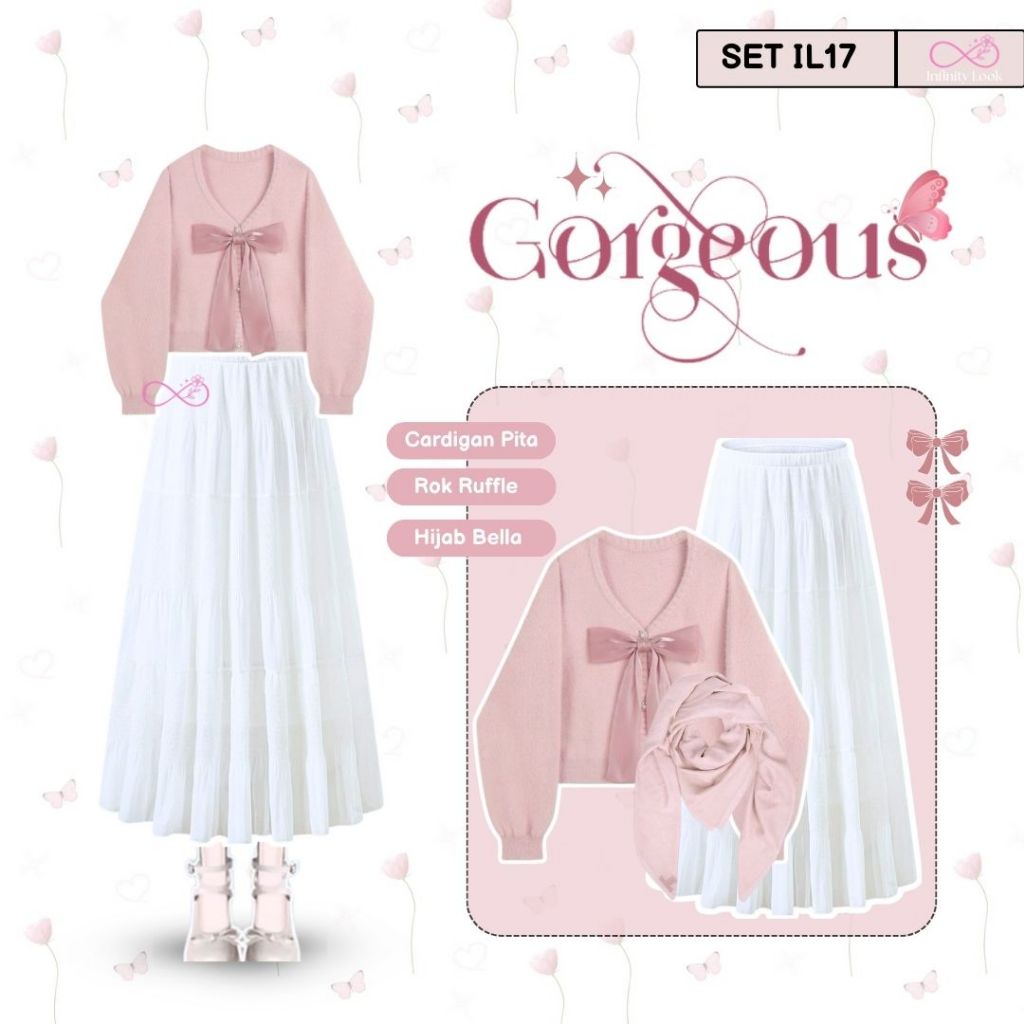OOTD 3in1 Remaja Kekinian | Cardigan Rajut Pita Pink, Rok Ruffle Putih, Hijab Bella Square Dusty Pin