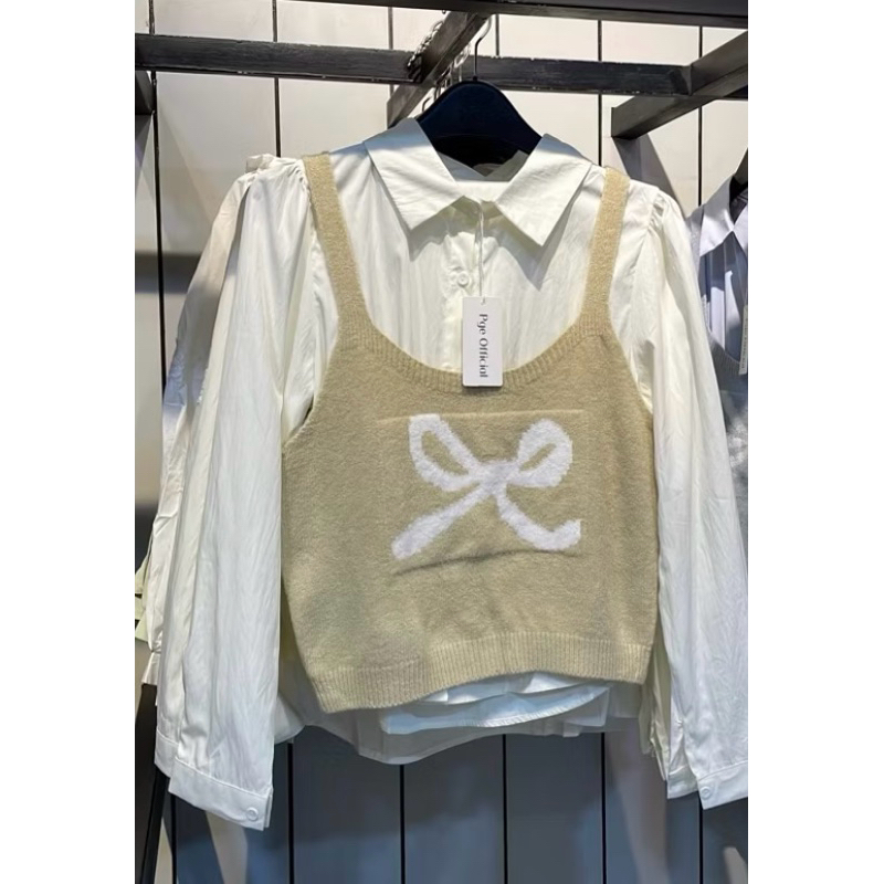 oneset Korea kemeja dan vest pita