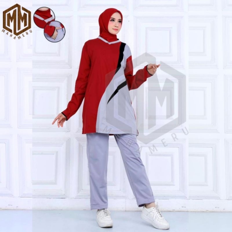 Setelan Baju Olahraga Senam Tunik Muslimah / Stelan Kaos Trening Olahraga Wanita Muslimah