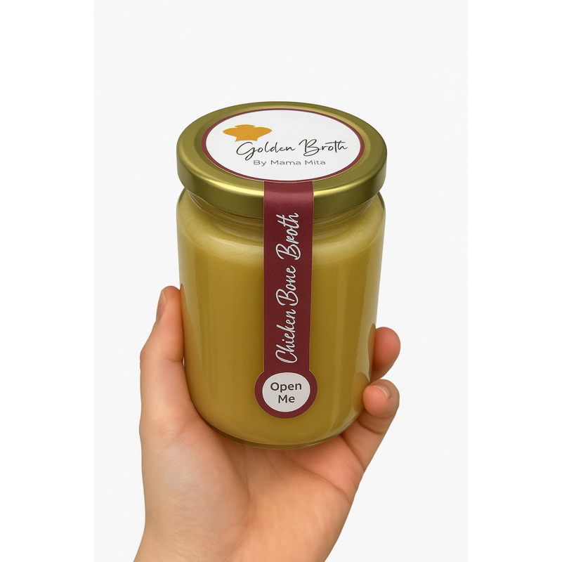 

Golden Broth by Mama Mita - Kaldu Ayam Kampung Liar - (Free Range Organic Chicken Bone Broth) Tanpa MSG, Gula, Garam, Pengawet - MPASI, Bumil, Busui Friendly - Jar kaca 250ml