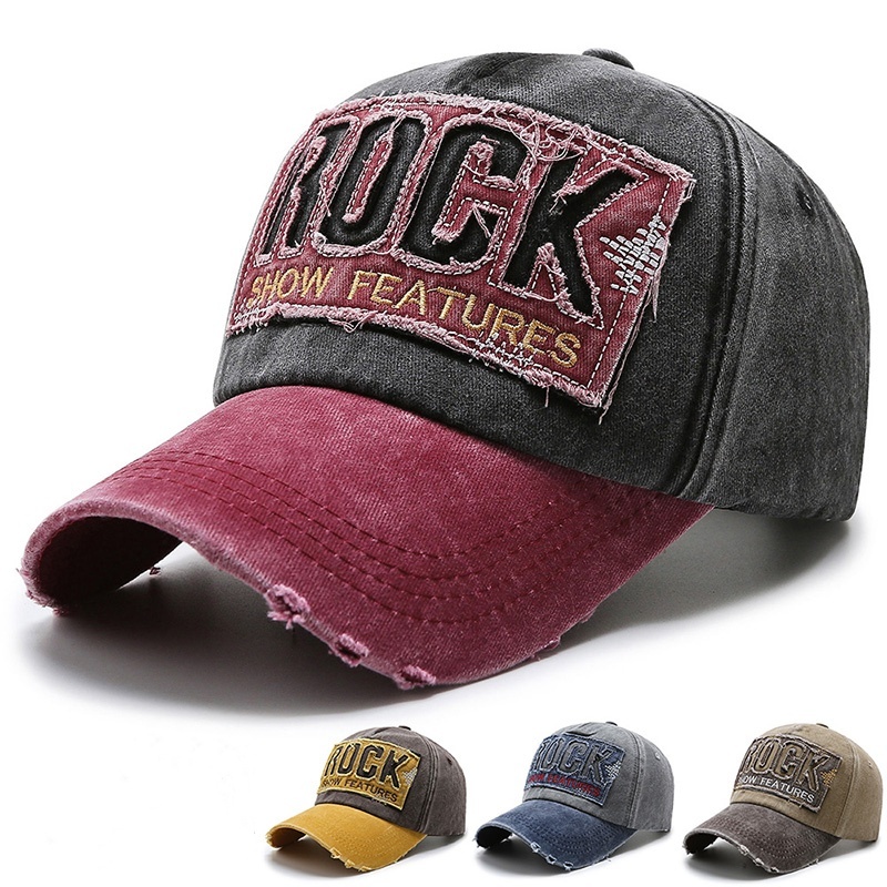 Topi Baseball vintage korea Rock n Roll keren kekinian Topi denim distressed robek embroidery rock t