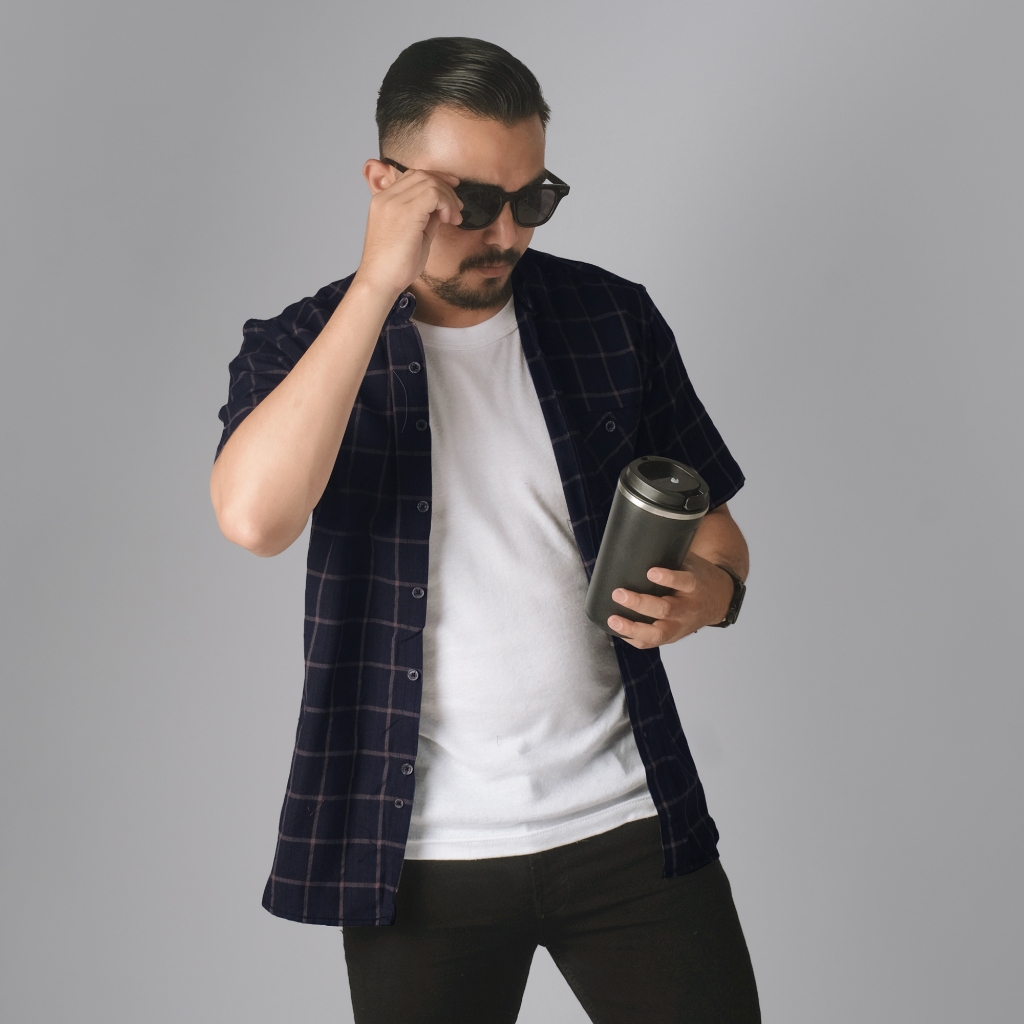 PAKAJI Kemeja Pria Flanel Pendek Premium Kotak-kotak Flanel Garis Coklat 1757