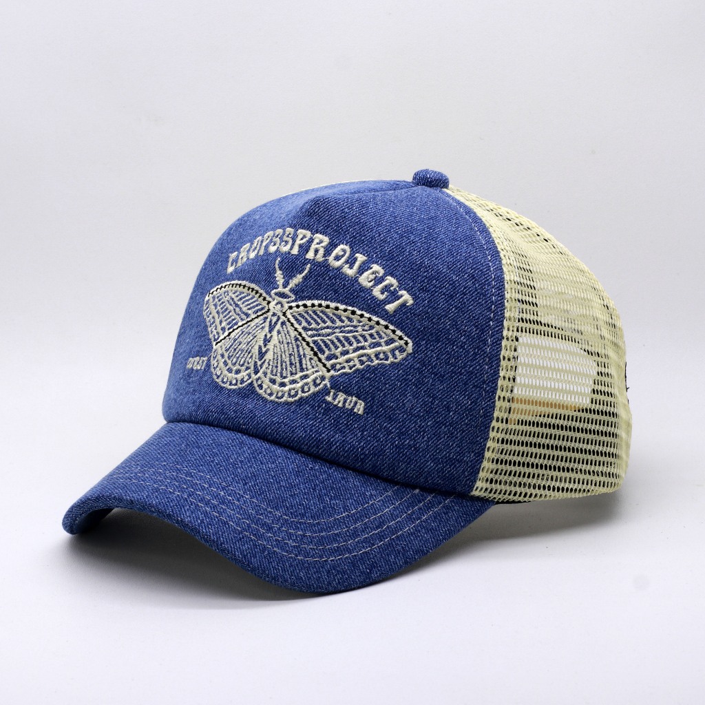 Cropss | Topi trucker topi jaring lidah pendek topi bahan jeans topi bordir butterfly