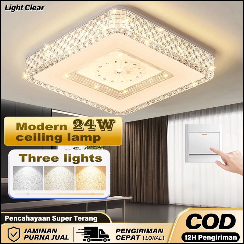 【COD】Lampu Plafon Minimalis Kristal Remote 3Warna Kamar Tidur Ruang Tamu Kamar Mandi Lampu Plafon Ae