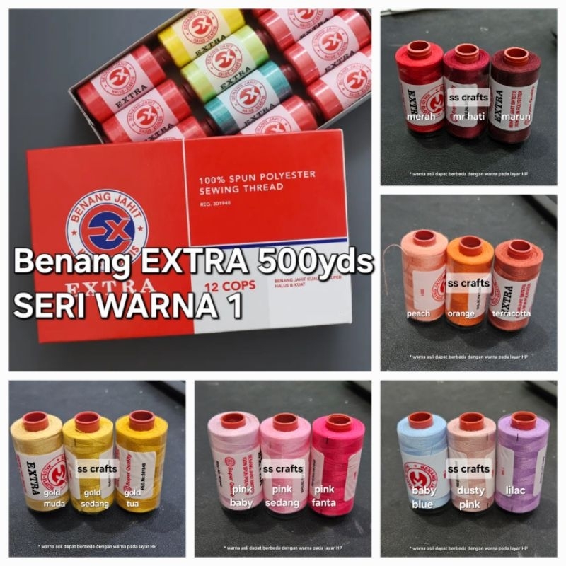 BENANG JAHIT EXTRA WARNA LENGKAP SERI WARNA 1 MERAH / ORANGE / KUNING GOLD / PINK
